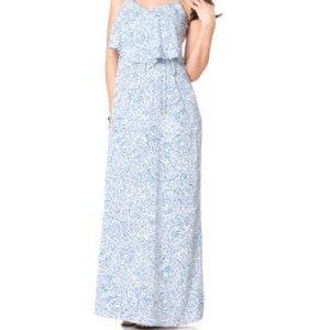 Motherhood Maternity Sleeveless Blue White Ruffle Maxi Dress